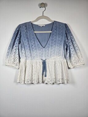 Super Natural Secret Mission Blue White Ombre Eyelet Cotton Peplum Top Small